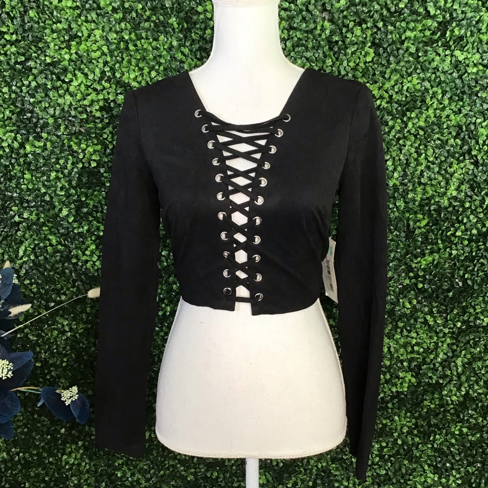 WOW Couture Black faux suede Lace-Up Crop Top long sleeve